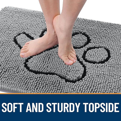 OLANLY Dog Door Mat for Muddy Paws 34x21, Paw Print Design, Absorbs Moisture and Dirt, Absorbent Non-Slip Washable Doormat, Quick Dry Chenille Mud Mat for Dogs, Entry Indoor Entryway Carpet, Grey