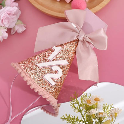 Rose Gold 1/2 Birthday Hat - Bow Birthday Party Decorations, Glitter Number Cone Hat, Princess Bow Hat