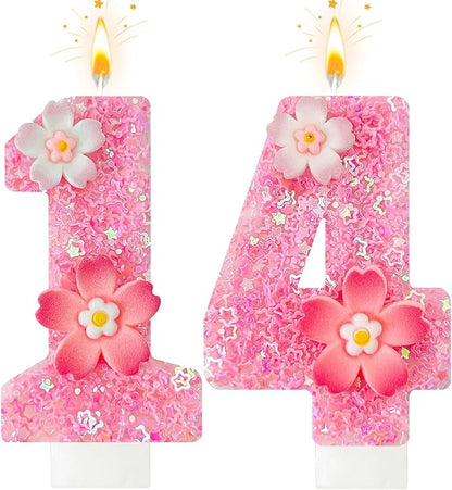 Pink Flower Birthday Candle,Number Birthday Candles for Cake, Ideal Birthday Parties Cake Decor, Wedding Anniversary and Other Celebrations (Number 14, Pink)