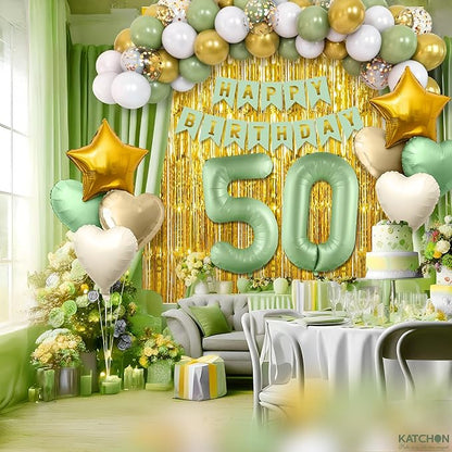 KatchOn, Sage Green 50th Birthday Decorations Set – Pack of 49 | Sage Green 50 Balloon Numbers, Star, Heart and Confetti Balloons, Gold Fringe Backdrop for 50 Birthday Decorations for Women, Men