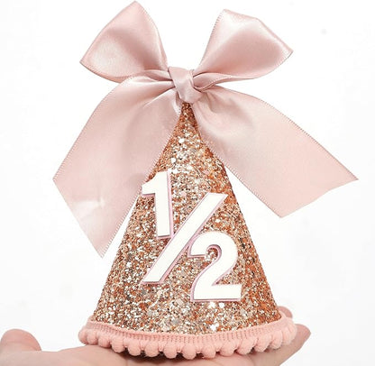 Rose Gold 1/2 Birthday Hat - Bow Birthday Party Decorations, Glitter Number Cone Hat, Princess Bow Hat