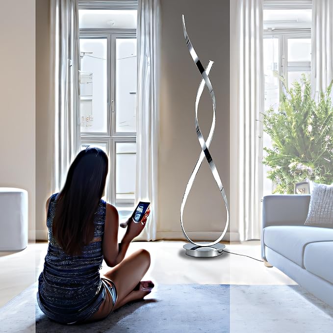 Chrome Spiral Floor Lamp, 54.3inch Tall LED Modern Standing Floor Lamp with Remote Control, 3 Color Dimmable 40W 4000LM Super Bright Floor Lamps for Living Room Bedroom