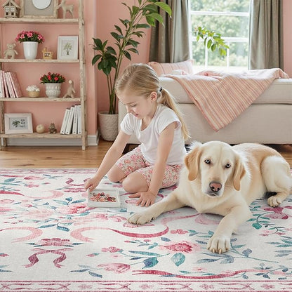 DCX Washable 9x12 Bow Rug, Pink Floral Rug for Girls’ Bedroom, Cute Soft Low Pile Indoor Décor Carpet, Kid & Pet Friendly Nursery Rug for Living Room, Dorm, Playroom