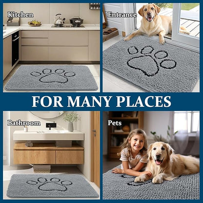 OLANLY Dog Door Mat for Muddy Paws 34x21, Paw Print Design, Absorbs Moisture and Dirt, Absorbent Non-Slip Washable Doormat, Quick Dry Chenille Mud Mat for Dogs, Entry Indoor Entryway Carpet, Grey