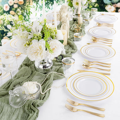 Supernal 200pcs Gold Plastic Dinnerware included 25 Party Dinner Plates 25 Dessert Plates 25 Disposable Cups and 25 Paper Napkins Disposable 25 Spoons 25 Knives 50 Forks for Party and Wedding