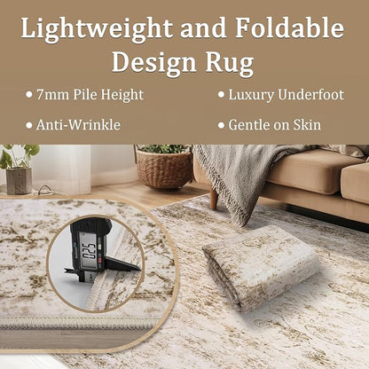 6x9 Area Rug Living Room Rugs - Washable Rug Large Modern Abstract Soft Thin Carpets Indoor Floor No Slip Vintage Carpet for Bedroom Under Dining Table Nursery Home Office Decor Beige