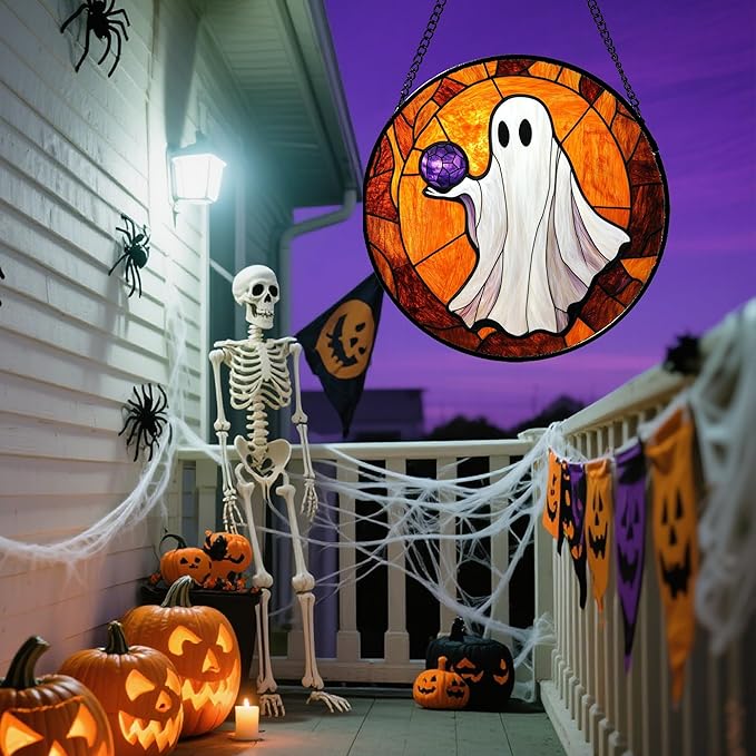 Stained Glass Window Hanging - Halloween Decorations Ghosts Vampire Suncatcher for Doors Garden Indoor Funny Spooky Sun Catchers Gothic Decor Horror Gifts for Women Men Friend 7.8 in