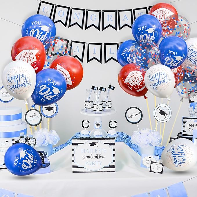 OuMuaMua 75Pcs Graduation Party Decorations Balloons Set - 12 Inch Congrats Navy Blue Red White Confetti Latex Balloons for Class of 2026 Graduation Birthday Party Decor Supplies