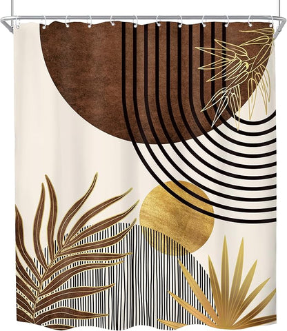 KOMLLEX Mid Century Boho Shower Curtain for Bathroom Decor 60Wx72H Inches Abstract Modern Sun Minimalist Arch Golden Leaves Art Line Geometric Aesthetic Fabric Waterproof Polyester 12 Pack Hooks