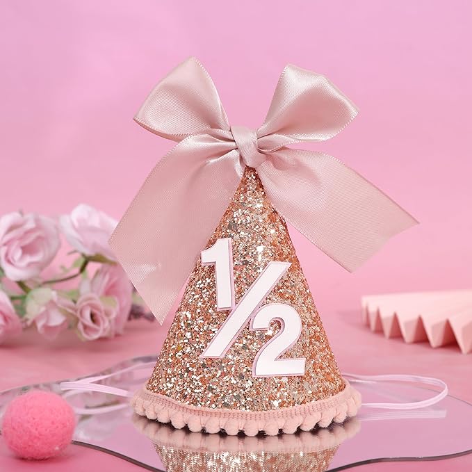 Rose Gold 1/2 Birthday Hat - Bow Birthday Party Decorations, Glitter Number Cone Hat, Princess Bow Hat