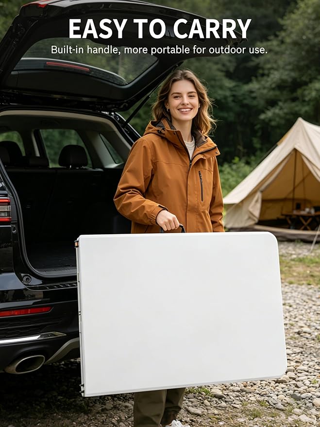 6FT Folding Camping Table Portable 350lbs, 6 Foot Folding Picnic Card Table for Outdoor, Plastic Rectangular Dining Work Tables for Indoor, Heavy Duty Fold-in-Half Tray Tables, 71x29 inch