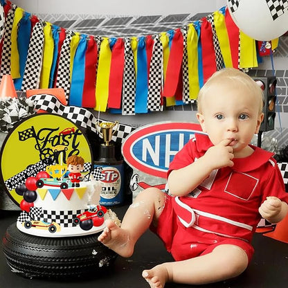 MEMOVAN Race Car Cake Topper Red Black Balls Cake Toppers Fast One Cake Decorations 1st Birthday Cake for Boy's Kids Racing Car Checkered Flag Themed BirthdayParty Favors