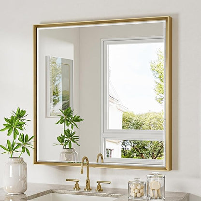 Gold Bathroom Mirror 36x36 Inch Square Beveled Bathroom Vanity Mirror Brushed Gold Framed Bathroom Mirror, Shatterproof Brushed Brass Metal Frame Mirror for Bathroom Wall