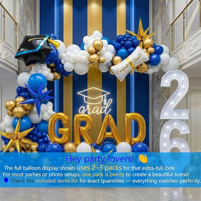 138Pcs Graduation Balloon Garland Arch Kit Blue and Gold - Class of 2026 Decorations with GRAD Foil Balloons, Cap and Diploma Balloons for College High School Graduation Prom Party Supplies