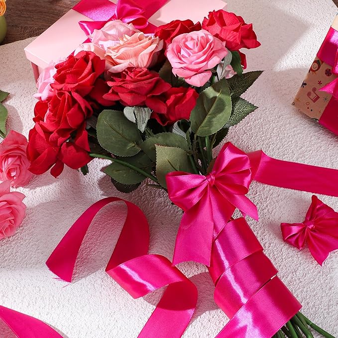 woric Hot Pink Ribbon 1 1/2 Inch 60 Yards Pink Bows Decor Satin Ribbon for Mothers Day Flower Bouquet Gift Wrapping Bows Crafts Wedding Holiday Decorations