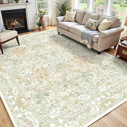 Sage Green Boho Area Rugs for Bedroom Aesthetic 8x10 - Washable Floral Farmhouse Large Rug for Living Room, Dining Room Under Table, Nursery - Soft Cottage Core Carpet with Low Pile & Non Slip