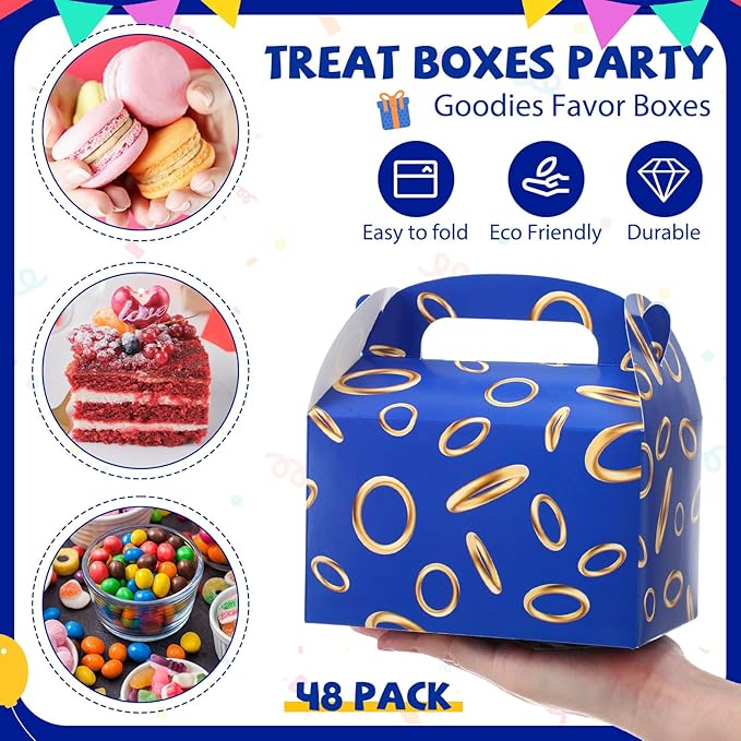 Marspark 48 Pack Blue with Gold Ring Party Favor Treat Boxes with Handles Theme Paper Goodie Candy Gift Gable Boxes for Video Game Birthday Party Decorations(Blue and Golden)