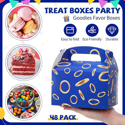 Marspark 48 Pack Blue with Gold Ring Party Favor Treat Boxes with Handles Theme Paper Goodie Candy Gift Gable Boxes for Video Game Birthday Party Decorations(Blue and Golden)