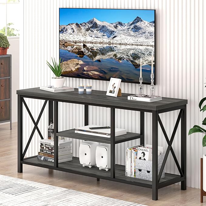 EXCEFUR Modern TV Stand for TV up to 55 Inch, Industrial Media TV Console Table with Storage Shelves, Entertainment Center for Living Room Bedroom, Rustic Grey 47 Inch