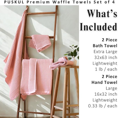 PÜSKÜL 4-Piece Natural 100% Turkish Cotton Luxury Waffle Towels for Bathroom | Premium Quality Honeycomb Weave 2 Hand Towel & 2 Bath Towel Set | Soft Absorbent Quick-Dry Lightweight Towels (Pink)
