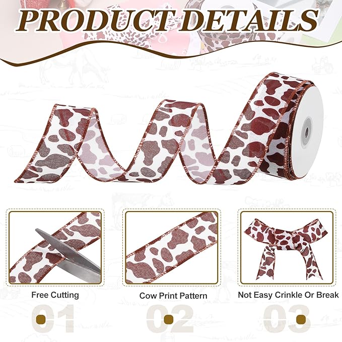 PATIKIL 2 Rolls Cow Print Ribbon Set, 10 Yards Grosgrain Animal Print 2.5" Width Western Farmhouse Ribbons for Gift Wrapping, Party Decorations, DIY Crafts, Black/Brown