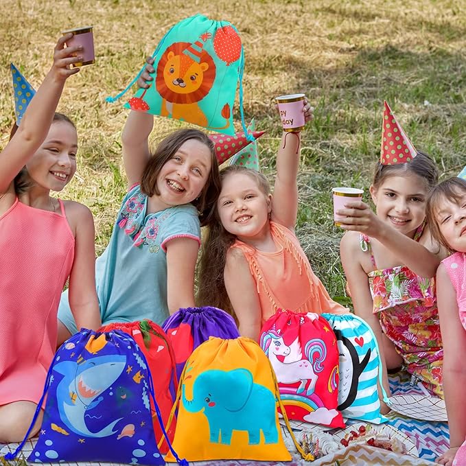 Kinlop 16 Pack Drawstring Party Favor Bags for Kids Birthday Party School Drawstring Candy Goody Bag with Cartoon Animal Designed for Baby Boys and Girls (8 Styles)