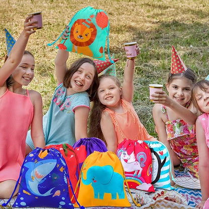 Kinlop 16 Pack Drawstring Party Favor Bags for Kids Birthday Party School Drawstring Candy Goody Bag with Cartoon Animal Designed for Baby Boys and Girls (8 Styles)