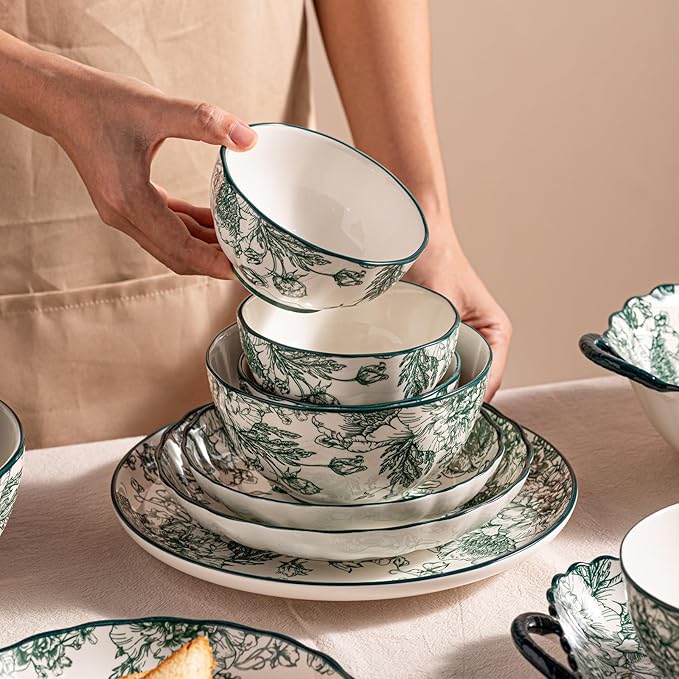 36-Piece Ceramic Dinnerware Set, Service for 6, Vintage Green Rose Floral Plates and Bowls Sets, Microwave & Dishwasher Safe, Porcelain Dinnerware Set for Kitchen & Dining