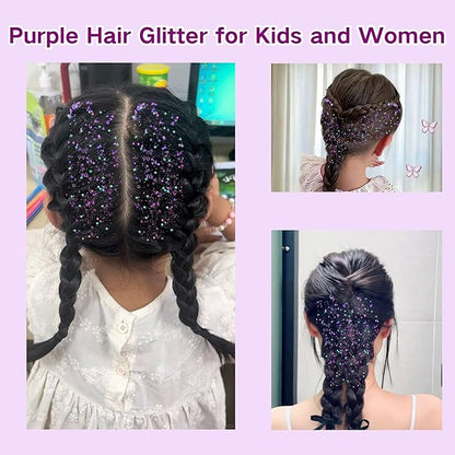 MEICOLY Purple Hair Glitter Kids Makeup,Holographic Halloween Sparkly Face Glitter,Self-Adhesive Mermaid Sequins Face Body Glitter,Chunky Glitter for Festival Rave Accessories Costume Outfits