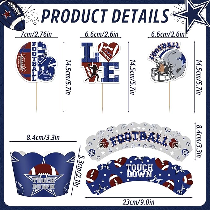 Cowboy Football Birthday Decorations - 48 Pcs American Rugby Sports Paper Party Cupcake Toppers and Liners, Game Day Happy Bday Cake Picks Baking Cups Wrappers Supplies Decor for Boys Men
