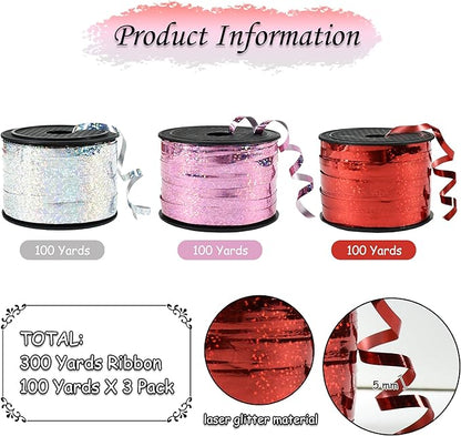 BEISHIDA Red Pink Silver Curling Ribbons Balloon String Ribbons - 3 Pack 100 Yards for Gift Warppping Valentine Day Birthday Mother's Day Pink Party Decorations