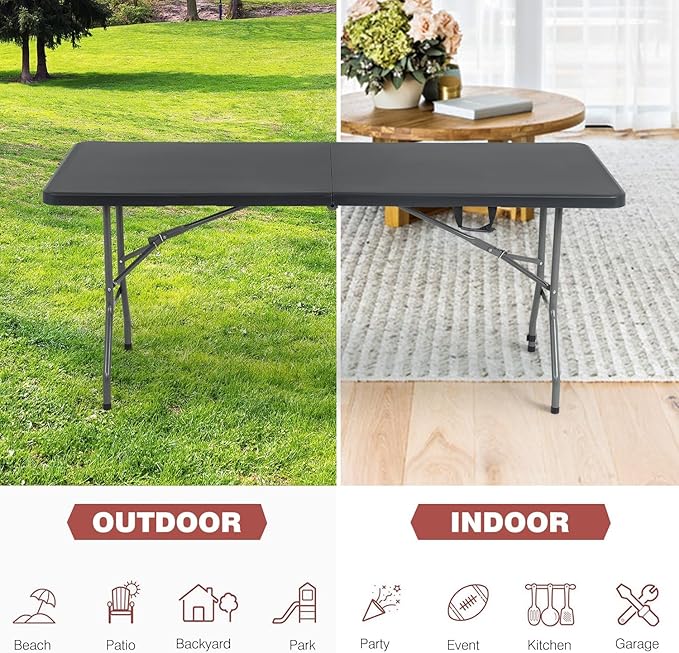 Folding Table 6 FT Heavy Duty Plastic Foldable Table with Carrying Handle for Garden Party Picnic Camping BBQ Dining Kitchen Wedding Market Events, Black