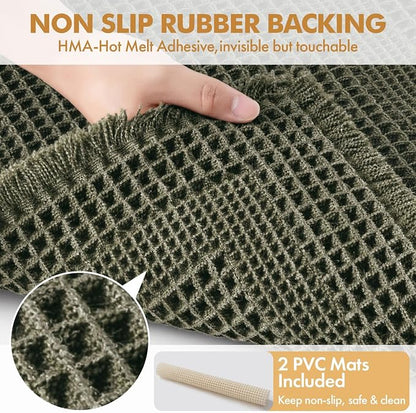 MIULEE Set of 2 Waffle Bathroom Rugs, Boho Bath Rug Super Absorbent, Non Slip Washable Ultra Soft Rubber Backed Shower Bath Mats for Floor, Tub, Shower, Looped Design, Green, 17x24 Inch