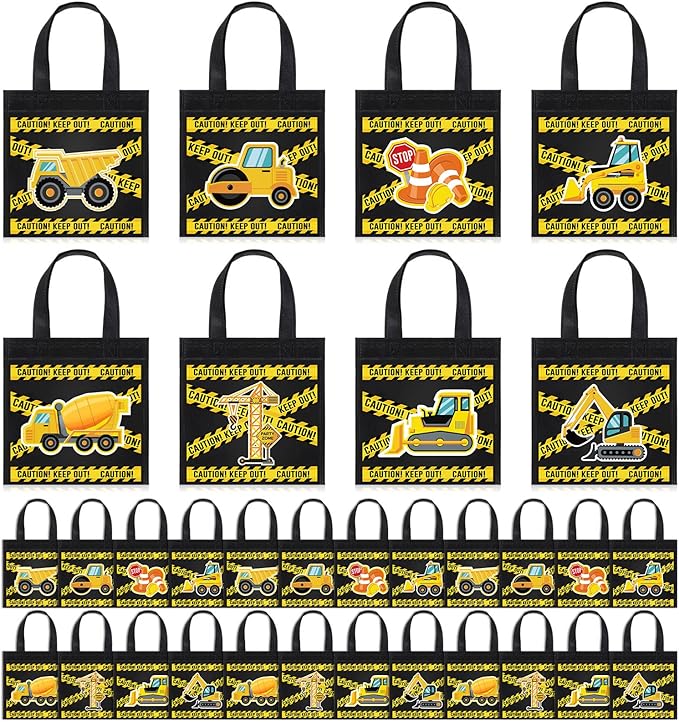 Photect 24 Pcs Construction Party Favors Construction Theme Gift Bags Dump Truck Non Woven Mini Tote with Handles Excavator Tractor Candy Goodie Treat Package for Birthday Party Decorations Supplies