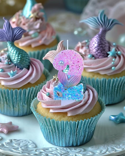 Mermaid Themed Birthday Candles, Number 2 Girls Glitter Birthday Party Supplies,Anniversary Party Decor,2.87 inch Cake Topper Decorations (Mermaid Themed, Number 2)