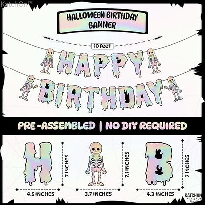 KatchOn, Iridescent Silver Halloween Happy Birthday Banner Decorations - 10 Feet, No DIY | Spooky Birthday Decorations | Halloween Decorations Indoor | Spooky Happy Birthday Banner