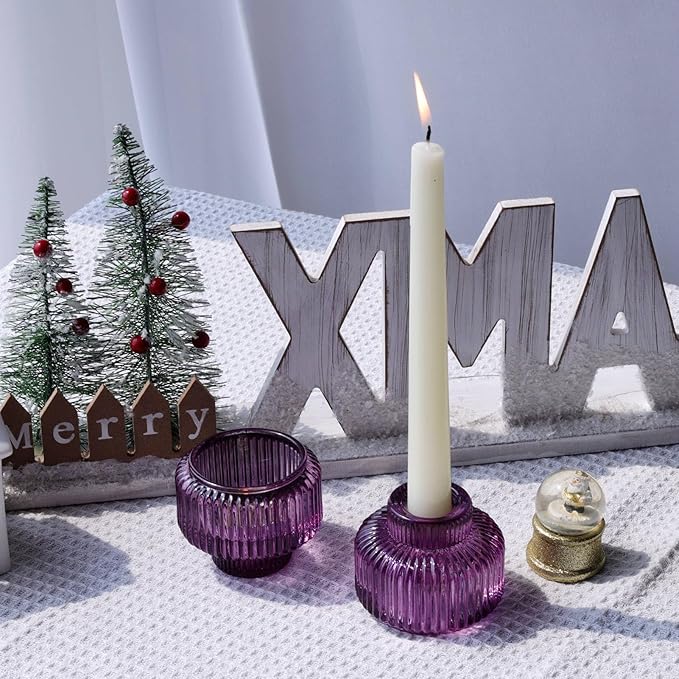 Woho Purple Candlestick Holders Set of 4 for Halloween Decorations, Ribbed Glass Taper Candle Holders for Thanksgiving/Christmas, Vintage Candle Sticks Holder Decor for Fall Wedding Table Centerpiece