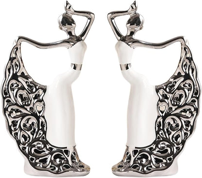 2 Pcs Ceramic Statues Home Decor, Dancer Women Sculpture Figurine, Modern Aesthetic Abstract Art Decorative Accent for Living Room Bedroom Bookshelf Dining Table Centerpiece Office (White and Silver)