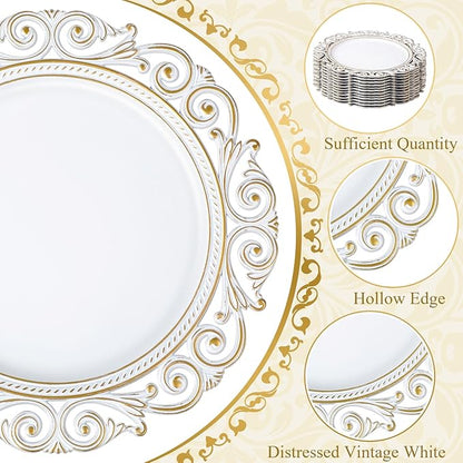 12 Pcs Antique White Charger Plates Bulk 13 Inch Embossed Rim Plastic Round Decorative Plates Charger for Dinner Wedding Party Event Table Setting Decoration (Hollowed out Wave)