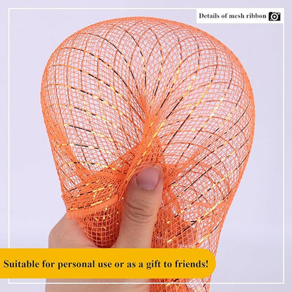 2 Pcs Orange Deco Mesh Ribbon Rolls 10 Inch 10 Yards(30 ft) Decorative Mesh Fabric with Foil for Wreaths Christmas Tree Ribbon Door DIY Craft Halloween Decor Wedding Party Supplies (Orange, 2Pcs)