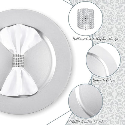 Tanlade 100 Pcs Charger Plates Set Bulk Include 50 Plastic Plate Chargers and 50 Napkin Rings 13" Round for Dinner Table Setting Wedding Baby Shower Decoration(Silver)