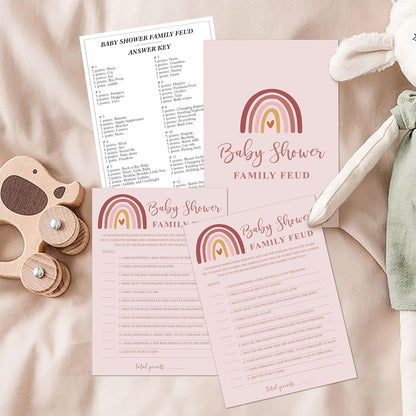 Family Feud Baby Shower Game - Pack of 30 Cards, Answer Key, Rainbow Baby Feud Game Supplies-05A-Indipink