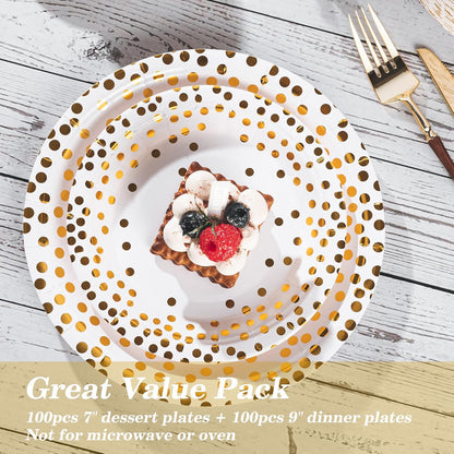 Lullaby 200PCS White Paper Plates, Disposable White and Gold Paper Plates, 100pcs Dinner Plates 9", 100pcs Dessert Plates 7", Party Plates with Golden Dot for Birthday, Gathering