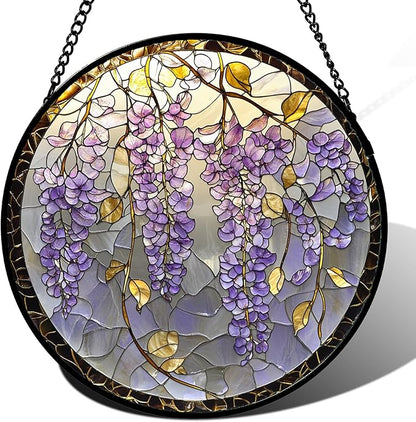 Stained Glass Window Hanging - Wisteria Flower Golden Leaves Sun Catcher for Door Home Decor Plant Suncatcher Christmas Mother's Day Birthday Gifts for Women Men Lovers Mom Nana 15 in