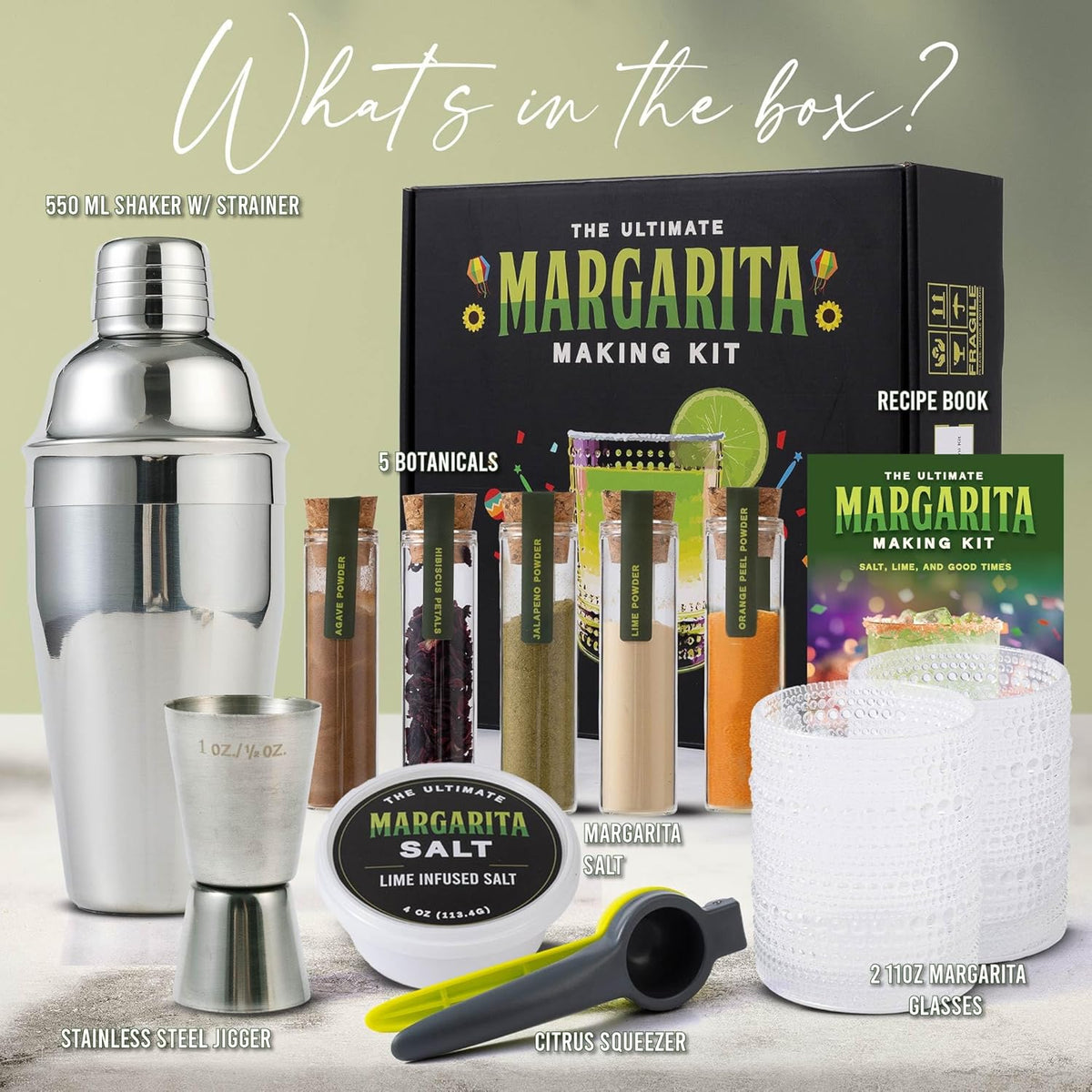 Margarita Kit Gift Set - 5 Botanicals - 2 Glasses - Stainless Steel Shaker & Jigger - Citrus Squeezer - Lime Infused Salt - Dried Lime - Recipe Book - Infusion Cocktail Kit - Basket Gift Set For Women