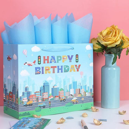 Qirrmiy 13'' Large Birthday Gift Bag Set with Handles, Greeting Card, Tissue Papers and Stickers for Boys', Girls', Kids' Party, Baby, Newborn, Birthday Design, 1 Pcs