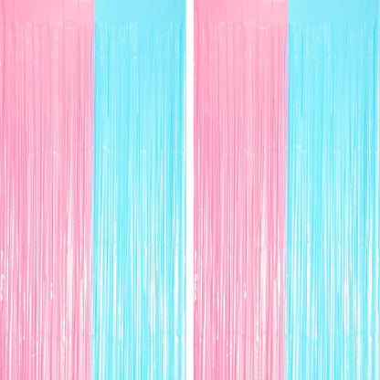2 Pack Pastel Blue and Pink Foil Fringe Backdrop Curtains, Tinsel Streamers Party Decorations, Fringe Backdrop for Gender Reavel, Baby Shower Party
