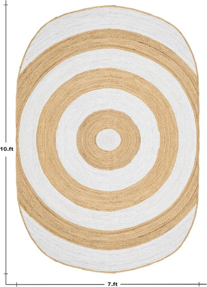 4x10 Oval Kilim Jute Runner – Handmade Boho Rug, Hand Braided Jute, 0.27" Thick Flatweave, Solid White Beige Oval Carpet for Hallway, Staircase, Entryway, Corridor