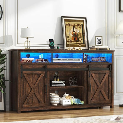 LED Farmhouse TV Stand for 65 inch TVs, Rustic Entertainment Center TV Cabinet