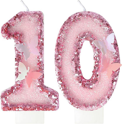10th Birthday Candles, Glitter Butterfly Cake Toppers Pink Sequins Numeral Cupcake Decorations, Suitable for Girl and Boy Cakes, Party Celebrations, Birthday Decorations